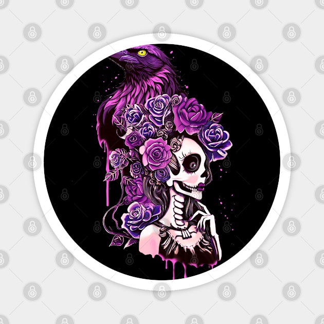 Raven and La catrina, calavera, Lady skull, sugar skull, dark, skeletons lovers, cool skulls, bones, gothic floral lady Magnet by Collagedream